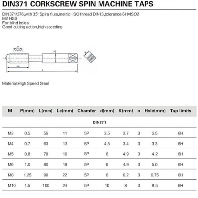 Corkscrew spin machine tap Tin M8x1,25