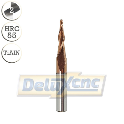Two flute carbide tapered ball nose end mill TiAlN R0,75/6mm short