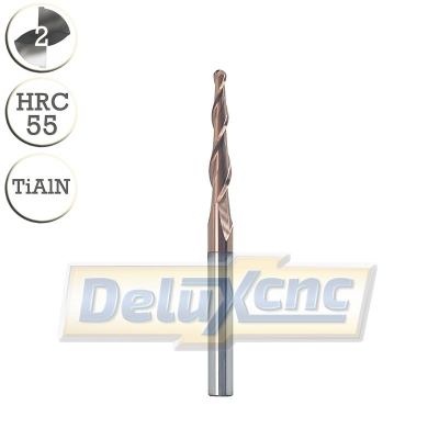 Two flute carbide tapered ball nose end mill TiAlN R1 / Lc20 / D4 / L50mm