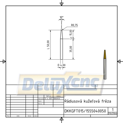 Radiuskegel-Hartmetallfräser R0,75 / Lc15 / D4 / L50 mm