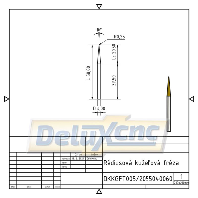 Rádiusová kuželová karbidová fréza R0,25 / Lc20 / D4 / L50mm