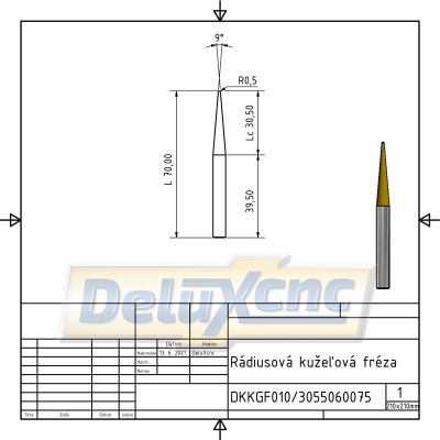 Two flute carbide tapered ball nose end mill TiAlN R0,5 / Lc30 / D6 / L75mm