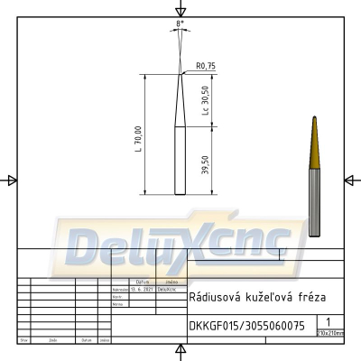 Dvojbřitá kuželová karbidová kulová fréza TiAlNR0,75 / Lc30 / D6 / L75mm