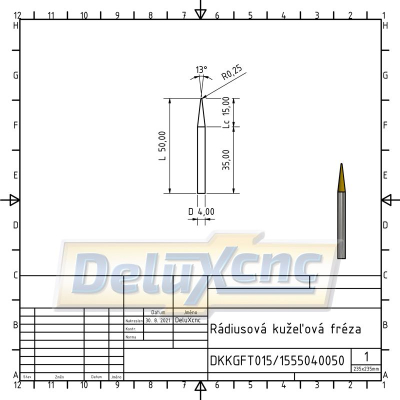 Rádiusová kuželová karbidová fréza R0,25 / Lc15 / D4 / L50mm