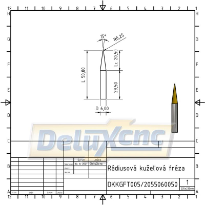 Doppelschneidiger, konischer Hartmetall-Kugelfräser TiAlN R0,25 / Lc20 / D6 / L50 mm