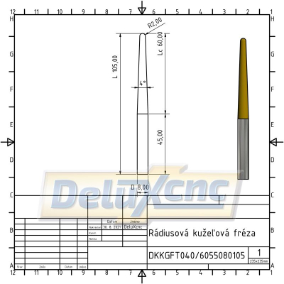 Radiuskegel-Hartmetallfräser R2/Lc60/D8/L105mm