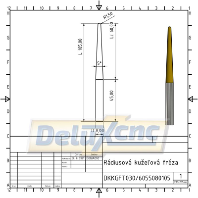 Tapered ball nose end mill TiAlN R1,5x8x105mm