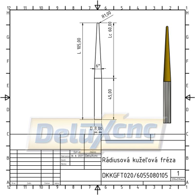 Radiuskegel-Hartmetallfräser R1/Lc60/D8/L100mm