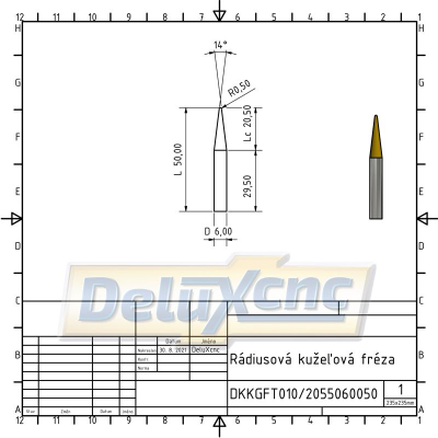Doppelschneidiger, konischer Hartmetall-Kugelfräser TiAlN R0,5 / Lc20 / D6 / L50 mm