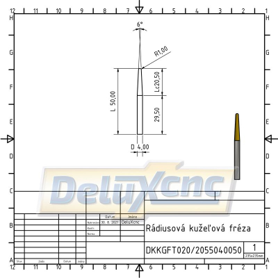 Dvojbritá kužeľová karbidová guľová fréza TiAlN R1 / Lc20 / D4 / L50mm