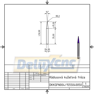 Radiuskegel-Hartmetallfräser R0,2 / Lc15 / D4 / L50 mm