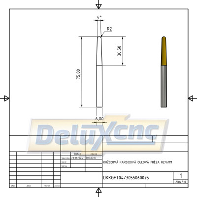 Doppelschneidiger, konischer Hartmetall-Kugelfräser R2/6 mm