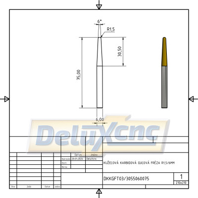 Doppelschneidiger, konischer Hartmetall-Kugelfräser R1,5/6 mm