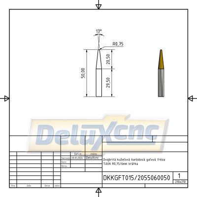 Doppelschneidiger konischer Hartmetallkugelfräser TiAlN R0,75/6 mm kurz