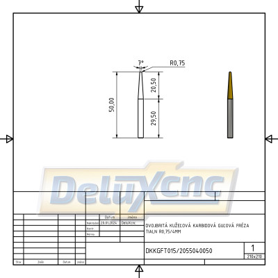 Two flute carbide tapered ball nose end mill TiAlN R0,75 / Lc20 / D4 / L50mm