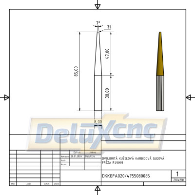 Two flute carbide tapered ball nose end mill R1/8mm