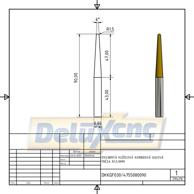 Dvojbritá kužeľová karbidová guľová fréza R1,5/8mm