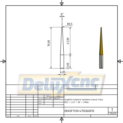 Doppelschneidiger, konischer Hartmetall-Kugelfräser R0,5 / Lc47 / D6 / L80 mm