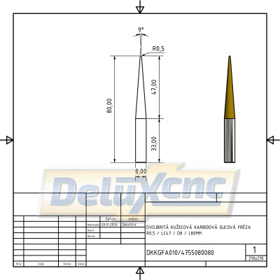 Doppelschneidiger, konischer Hartmetall-Kugelfräser R0,5 / Lc47 / D8 / L80 mm