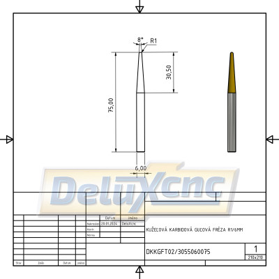 Doppelschneidiger, konischer Hartmetall-Kugelfräser Nano R1/Lc30/D6/L75MM
